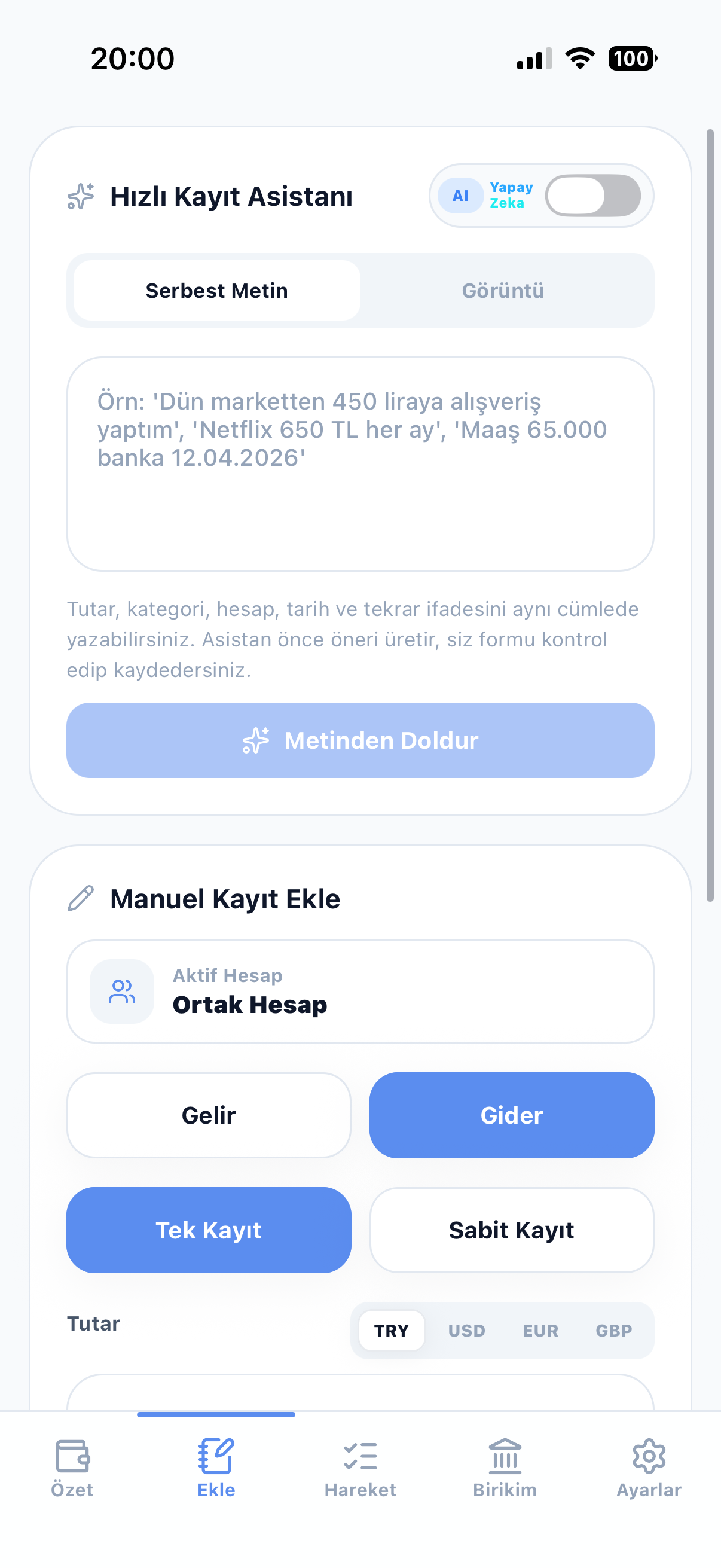Yapay zeka destekli hızlı kayıt asistanı ekranı