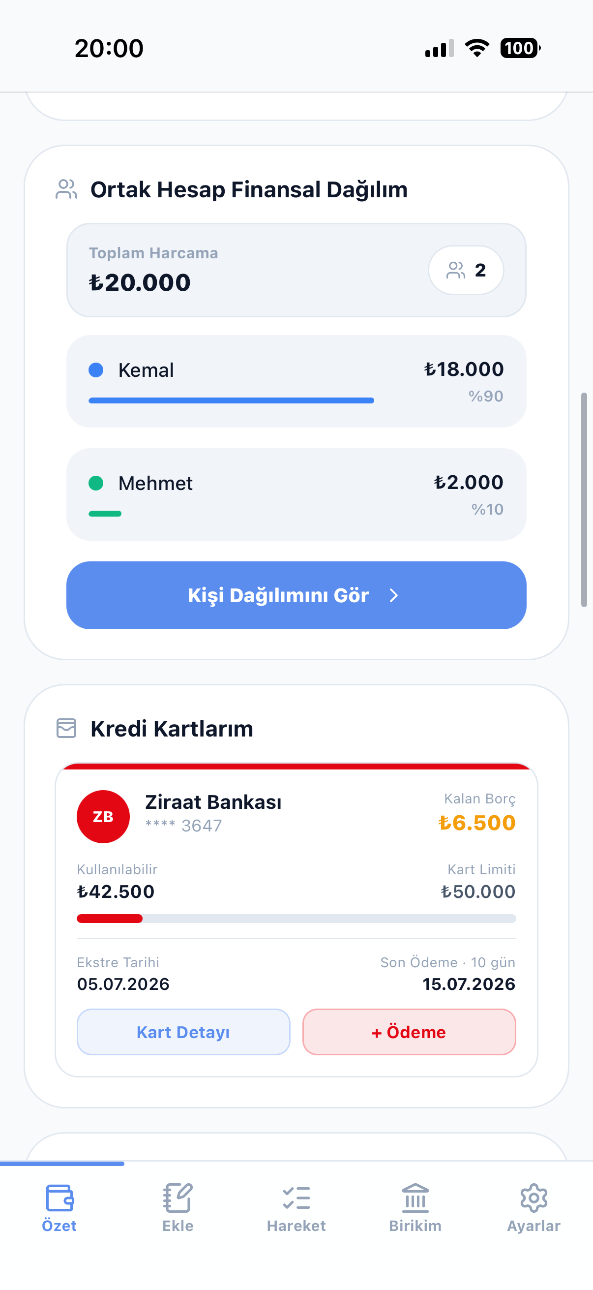 Ortak hesap dağılımı ve kredi kartı takibi ekranı